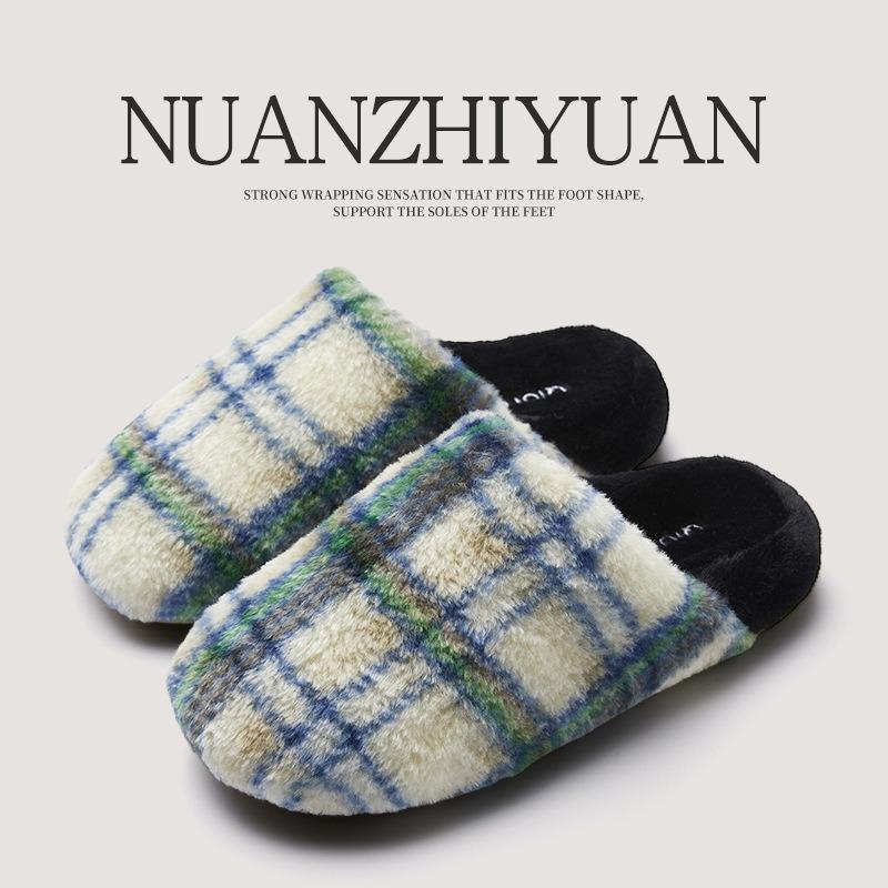 Cotton slippers women's winter retro plaid winter warm home indoor non-slip home plush couple slippers winter