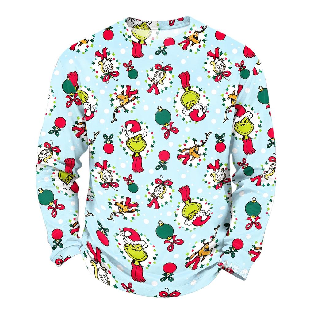 Men's Casual Loose Fit Long Sleeve Neck Tee with Christmas Print for Fall Winter