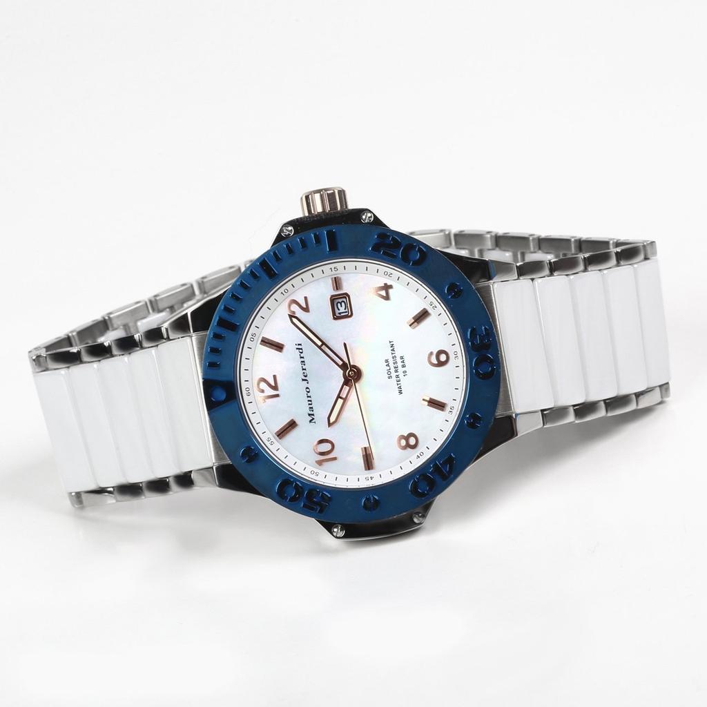 Mauro Geraldi Solar Ceramic 10 ATM Water White MJ034-4 Watch, Resistant, Calendar,