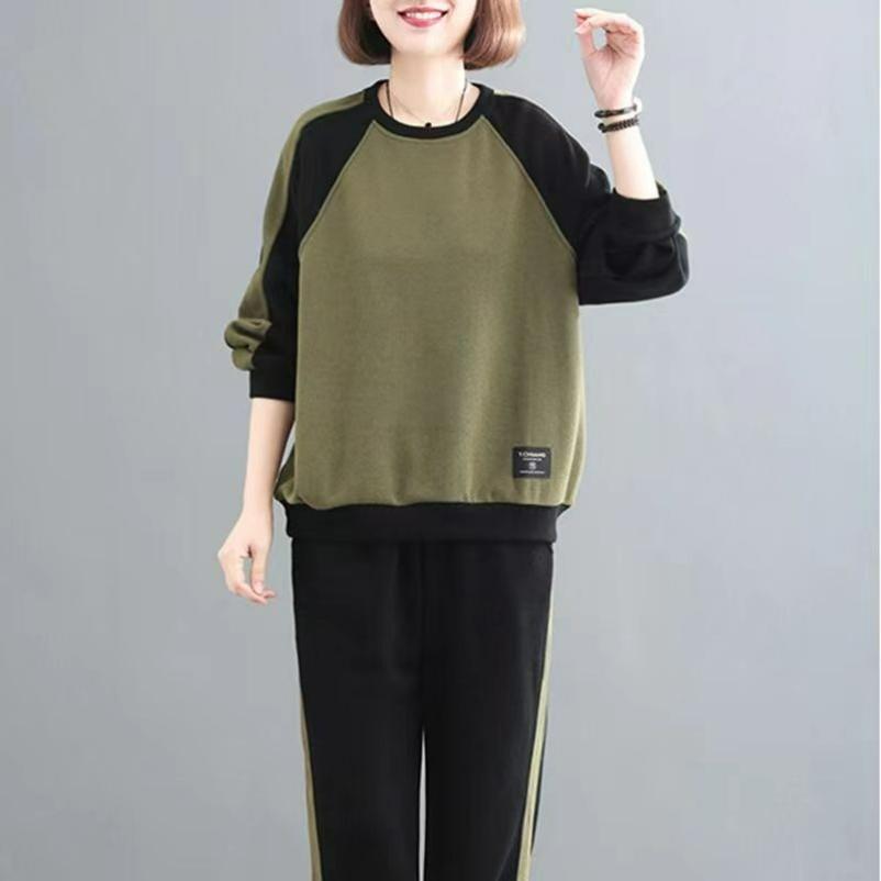Plus Size Women's Autumn and Winter Long-sleeved Stitching Sweater Suit Women's Loose Casual Trousers Sportswear Two-piece Trend