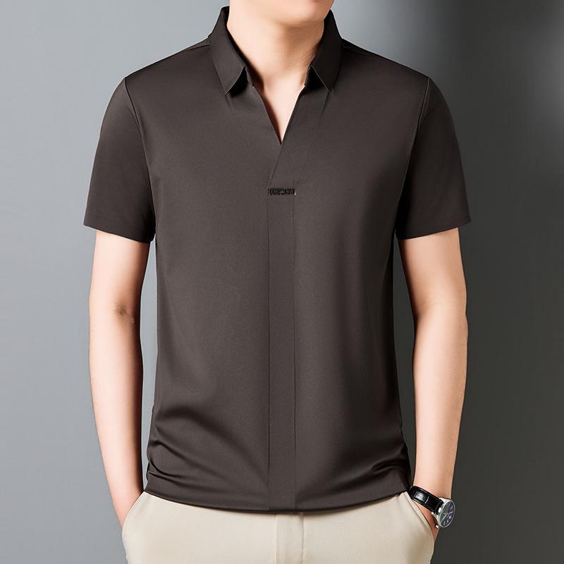 Summer Youth Business Casual High Elastic Half-sleeved POLO Shirt Ice Silk Seamless V-neck Short-sleeved Men's T-shirt