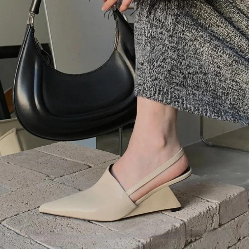Fashion Wedge Strange Style High Heels Women Sexy Pointy Toe Backstrap Sandals Covered Head Design Party Dress Mules Shoes Women Pumps