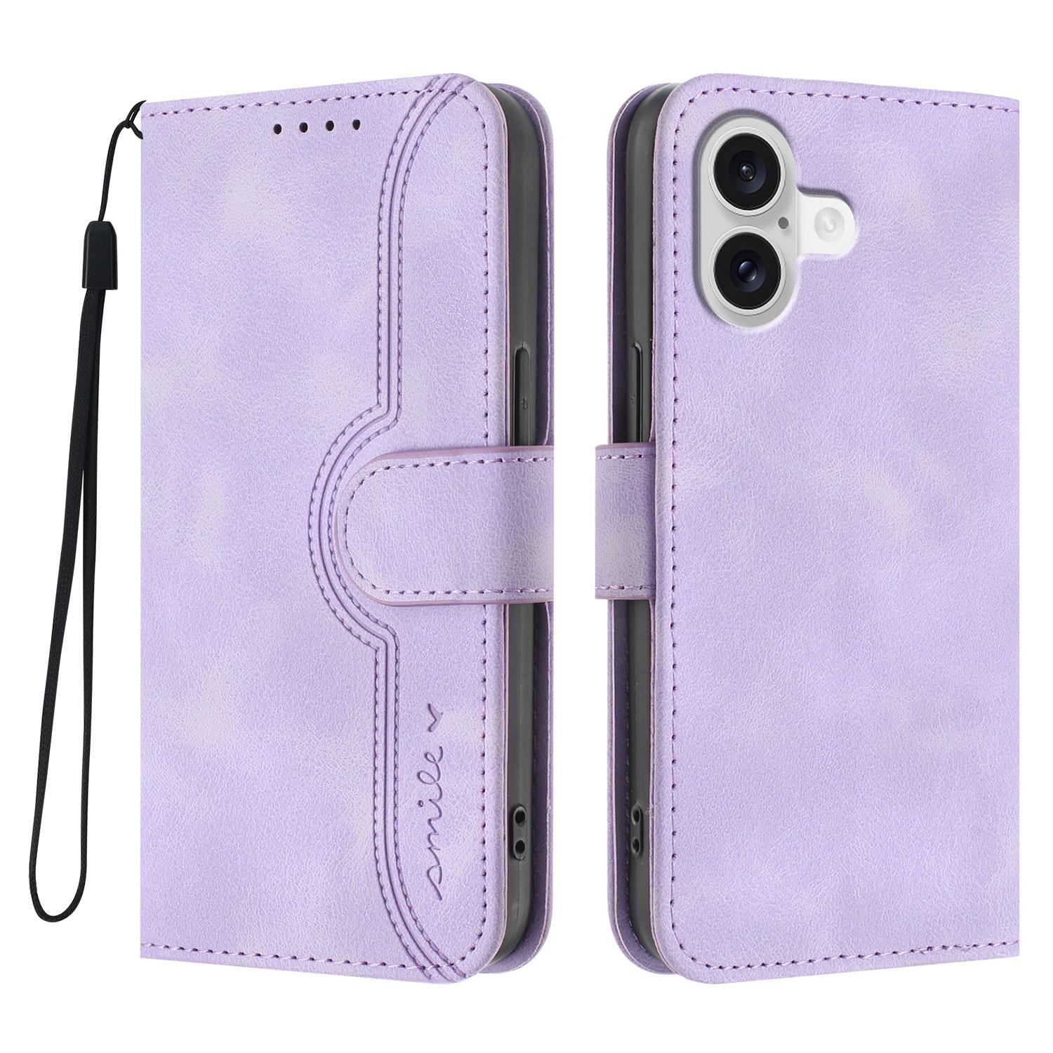 

For iPhone 17 Leather Case Wallet Stand Smile Imprinted Phone Cover with Strap Purple