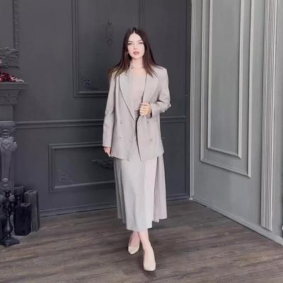 Elegant Women's Solid Color Two-Piece Suit & Long Dress - 2024 Autumn Collection