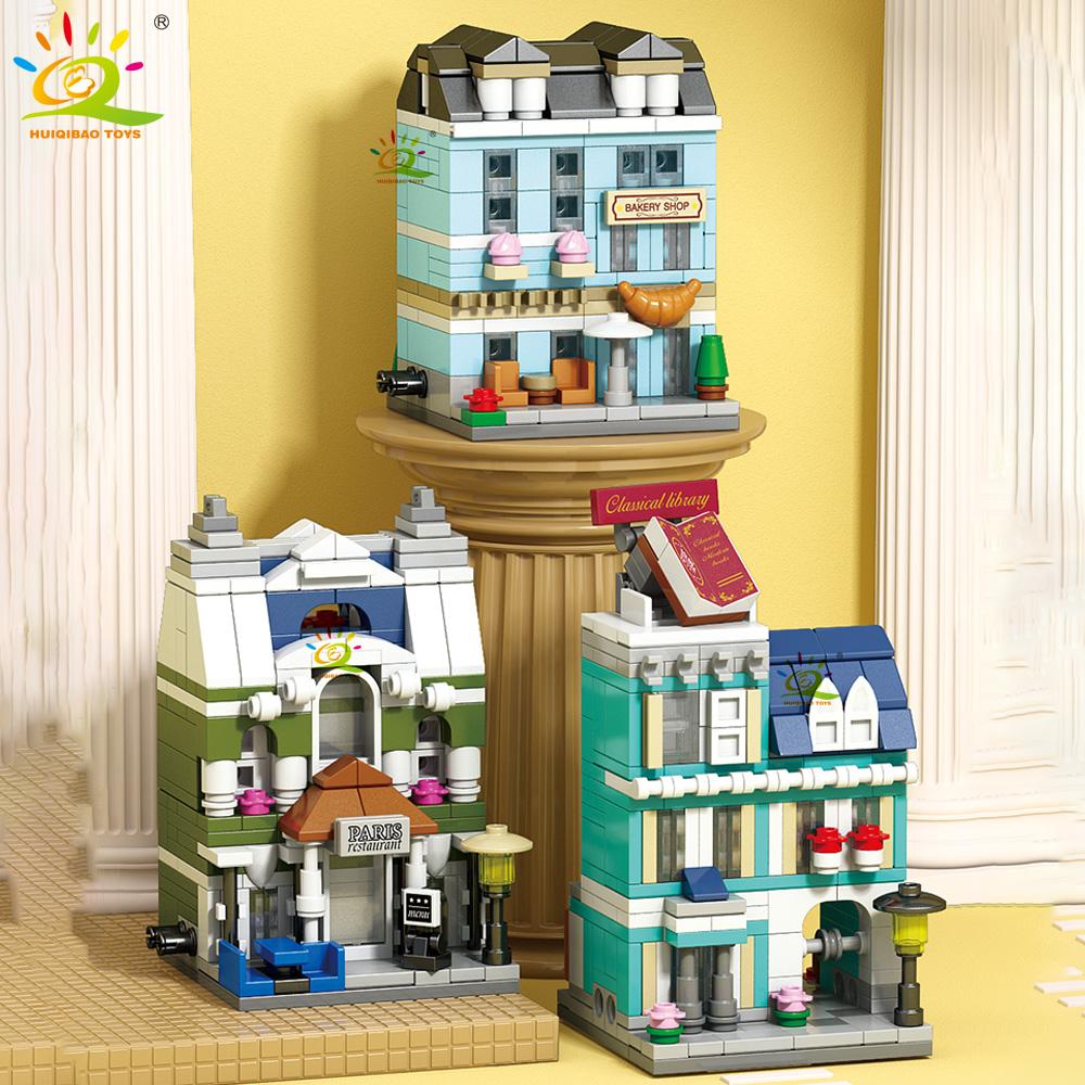 HUIQIBAO Moc Architecture Street View Building Blocks coffee Store Restaurant Room Children City Construction Brick Toy Set Gift