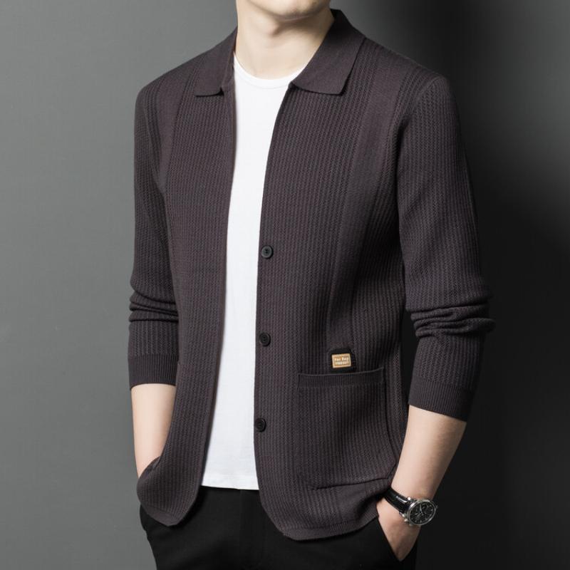 Spring Autumn Men's Knitted Cardigan Solid Color Turn Down Collar Business Casual Knit Jackets