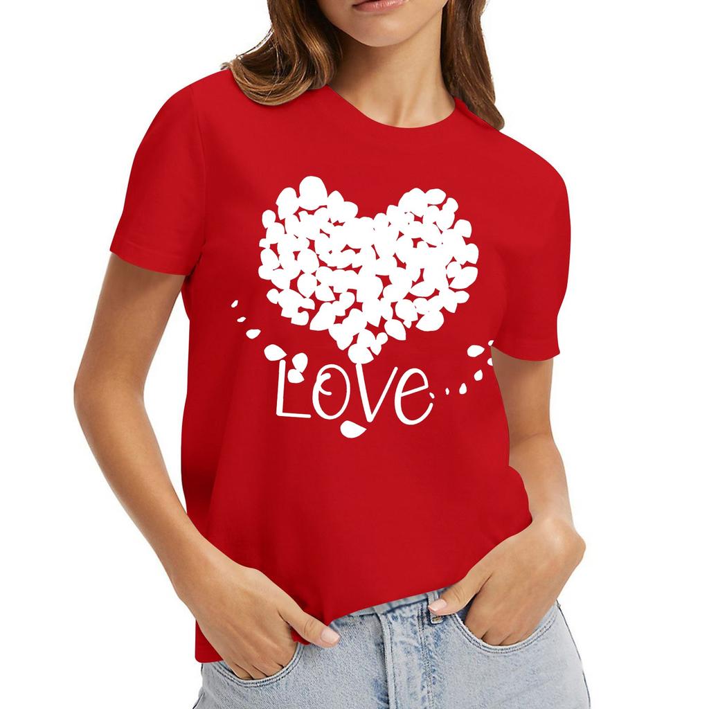 Women's Casual Valentine's Day Printed Short Sleeved Loose Round Neck Pullover Top Top