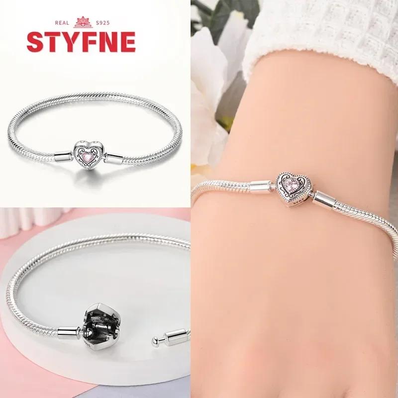 925 Silver Pink Heart Bracelet Shiny Zircon Fit Charms Silver 925 Bracelet DIY Jewelry Making Fine Gifts for Women