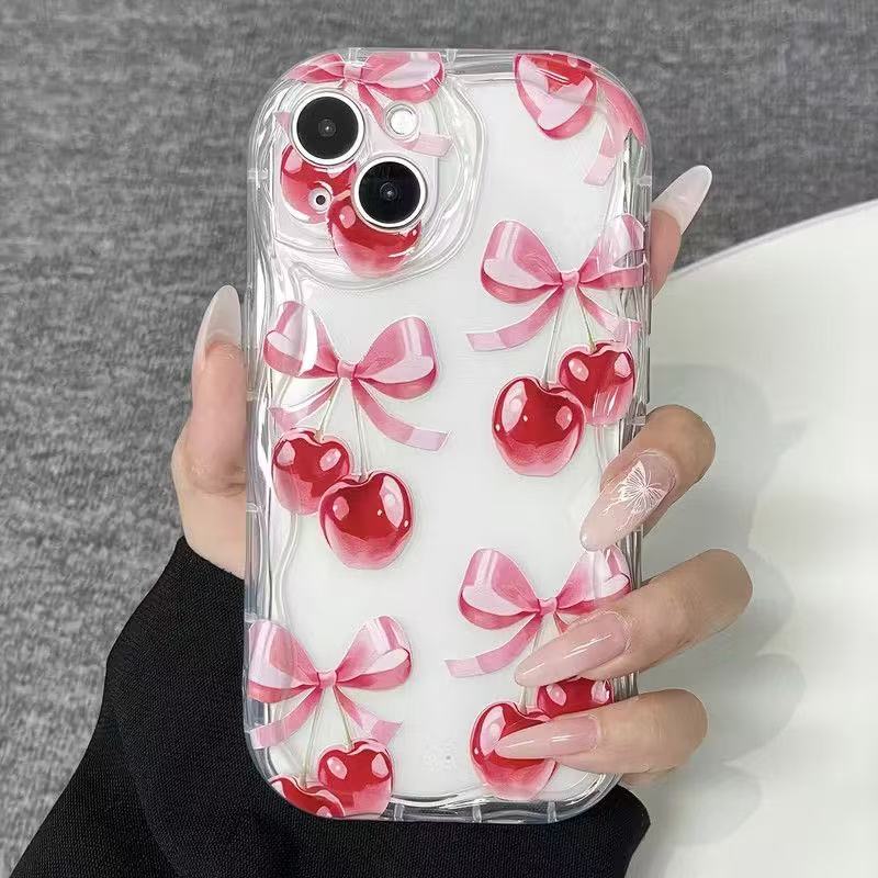 Red Cherry Clear Silicone Wave Phone Case For Samsung Galaxy S23 S24 S25 S26 Ultra S22 S21 S20 Plus FE A35 A54 A55 Cover