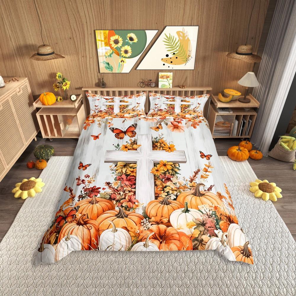 Homewish Vintage Orange Pumpkin Duvet Cover Set for Kids,Kawaii Girl Gnome Bedding Set,Rustic Farmhouse Bed Set