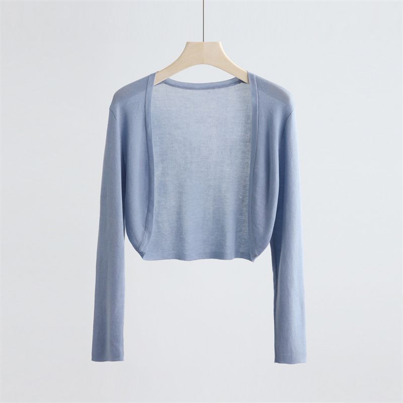 

Summer Ultra-Thin Cool Breathable Tencel Knit High Waist Short Long sleeve Sun Protection Shirt Women No Buckle Shawl Outdoor Blue All yards