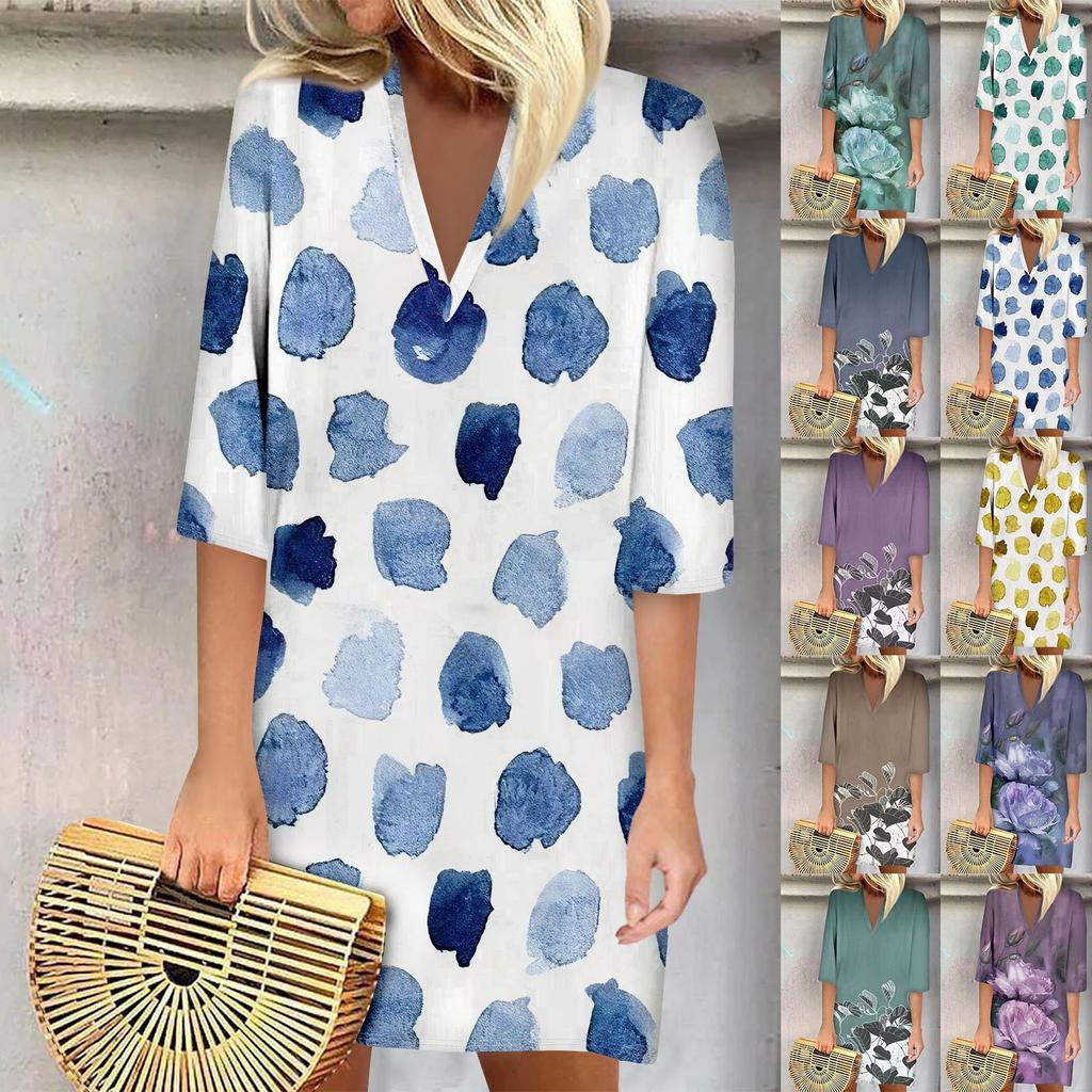 Summer Dresses For Women Fashion Casual Printed Loose V Neck 3/4 Sleeve Dress
