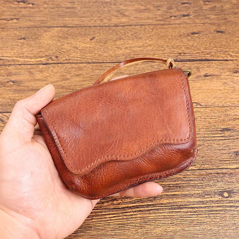 Head Layer Cowhide Key Bag for Men, Made of Aged Vegetable Tanned Leather, Pleated Waist, Hanging Key Buckle, Multifunctional Coin Purse