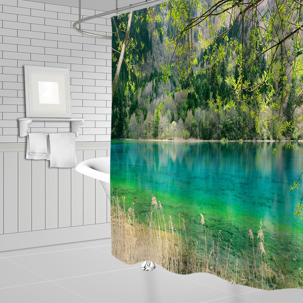 Natural Scenery Shower Curtains Green Tree Floral Plant Landscape Pattern Spring Summer Bathroom Decor Polyester Cloth Curtain