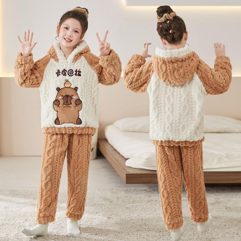 Girls Coral Fleece Pajama Set With Hooded Cartoon Character Design Winter Warm Sleepwear Kids 8 Years