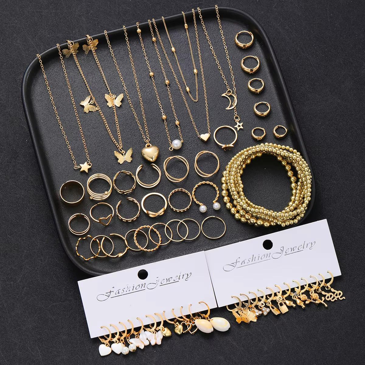

65Pcs/Set Vintage Boho Earring Ring Necklace Bracelet Set For Women Fashion Gold Color Butterfly Star Heart Pearl Zircon Jewelry