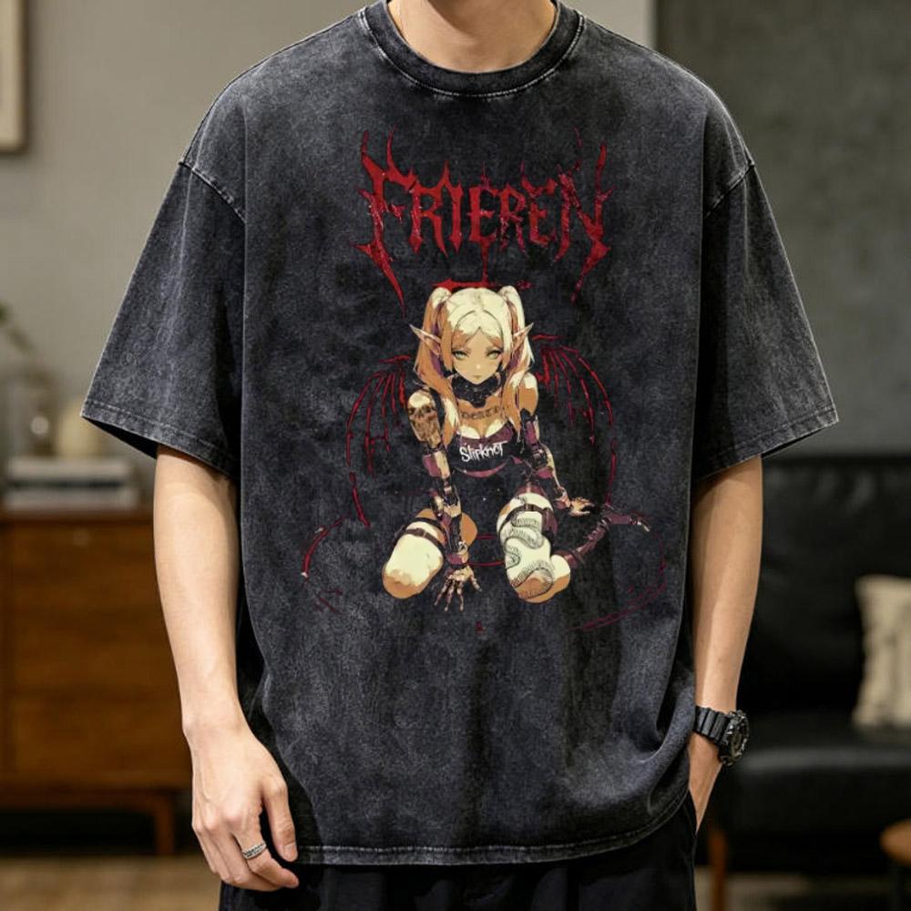 Harajuku Anime Frieren T-shirt Vintage Gewassen T-shirt Cartoon T-shirt voor Herenkleding Hoge Kwaliteit Puur Katoen T-shirts Tops