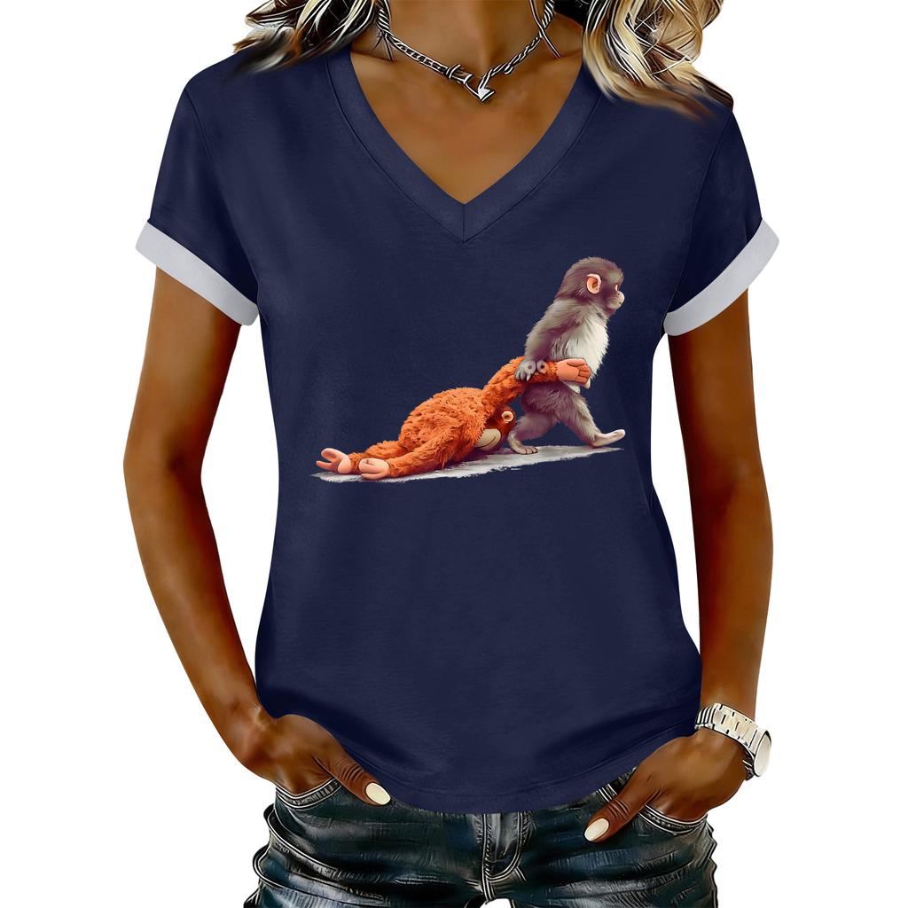 Women's Casual Printed T-Shirt V Neck Pullover Short Sleeve Top