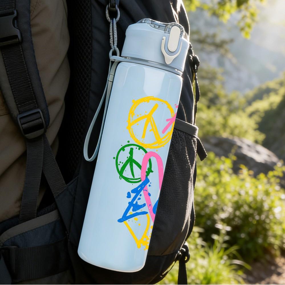 1PC Hope Love Peace Colorful Letter Print 750ml Color Plastic Sports Water Bottle Leakproof Flip Straw Lid Suitable for Sports Office Home Use