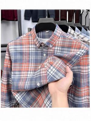 Men's Premium Long-Sleeve Plaid Cotton Shirt: Turn-Down Collar, Spring/Autumn Business Casual