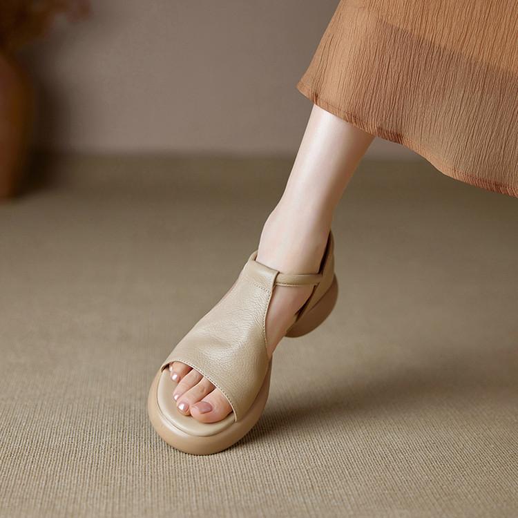 Soft Leather Platform Muffin Fish Mouth Sandals Women's 2025 New Summer Thick Heel Medium Heel Soft Sole Velcro Roman Shoes