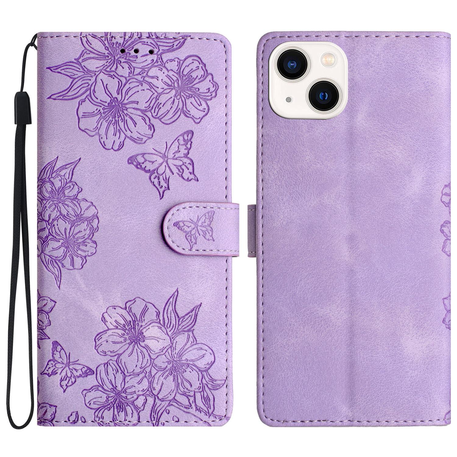 

For iPhone 15 Skin-Touch Feeling PU Leather Phone Case Imprinted Pattern Wallet Phone Cover Purple