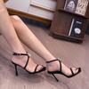 Fashion 2025 New Spring Summer Women Square Toe Open Toe Single Strap Rhinestone High Heels Black Satin Sexy Sandals Handmade