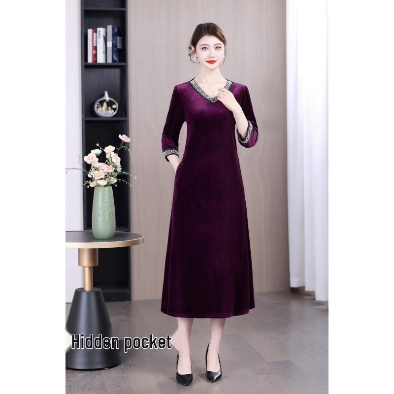 

Elegant V-Neck Mid-Length Dress for Women, Autumn/Winter Collection – Flattering X-Shape, Slimming, Loose Fit, Below-the-Knee Skirt 6XL (160-170 jin) фиолетовый