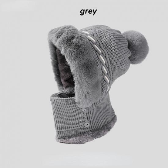 Women Faux Fur Knitted Trapper Hat Ski Cap Pom Pom Cossack Scarf Face Warmer Hat серый
