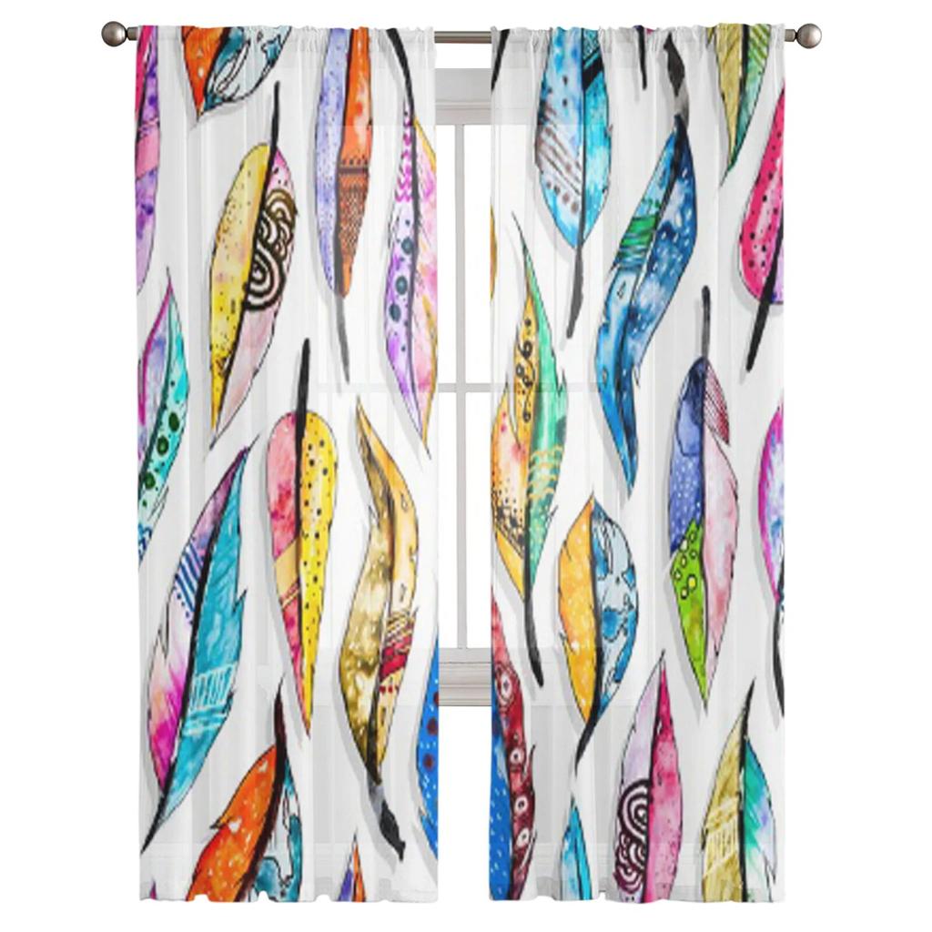 Colorful Feathers Sheer Curtains For Living Room Kids Bedroom Tulle Curtains Kitchen Window Treatment Drapes