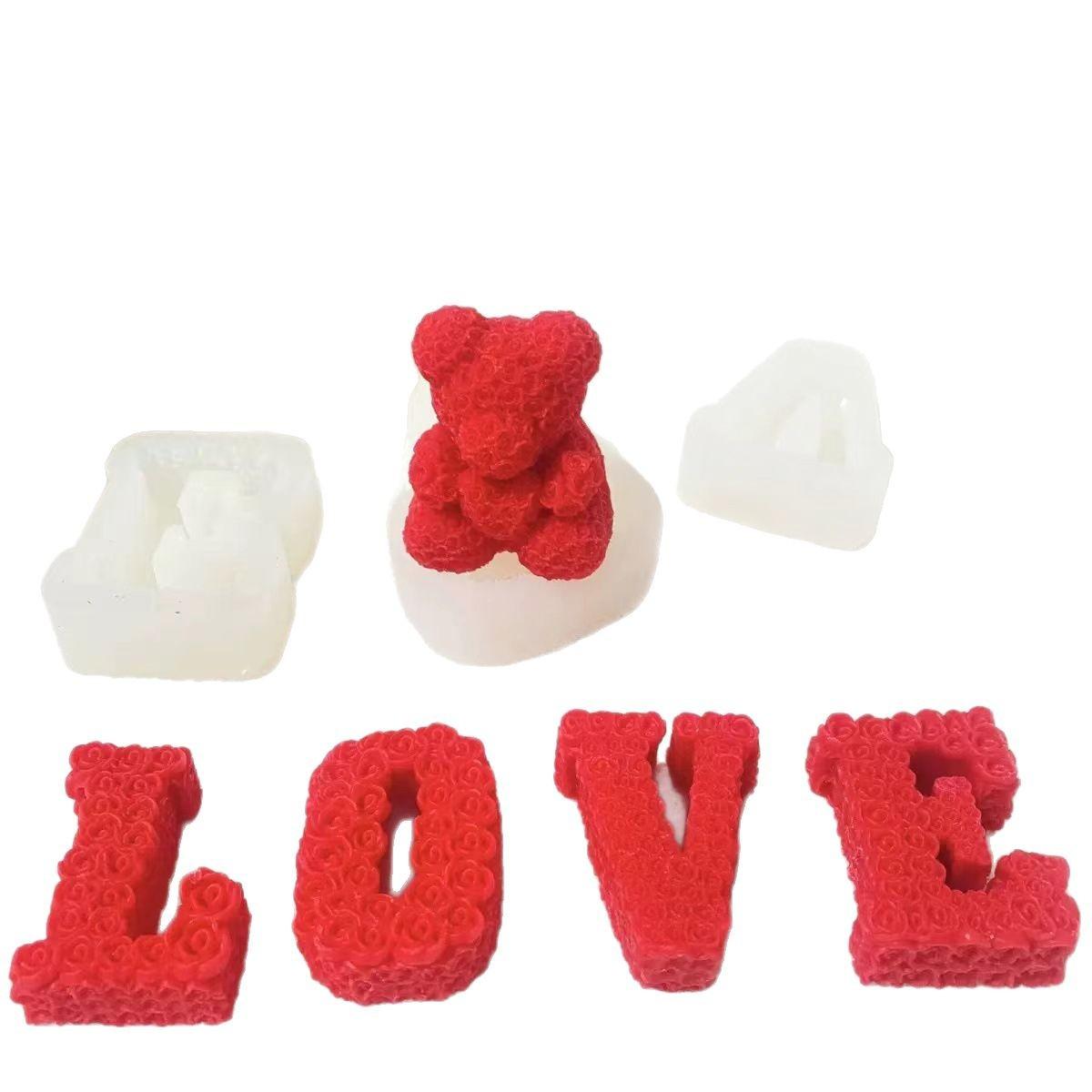 Valentine s Day Love Rose Bear Silicone Mold Love Letters Rose Bear Scented Candle Plaster Ornament Making Moulds
