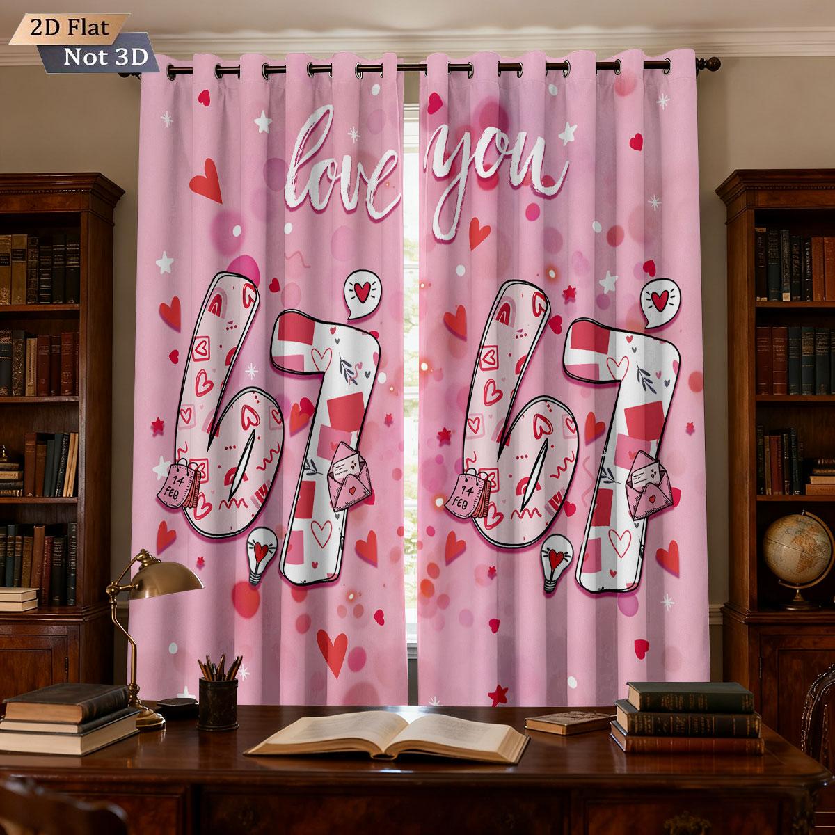

Valentine Day Romantic Pink Six Seven Printed Perforated Curtains Multi Size Living Room Insulation Decoration Blackout Set Of 2 Made Polyester Area W100*H70(CM)-Hooks&2PCS