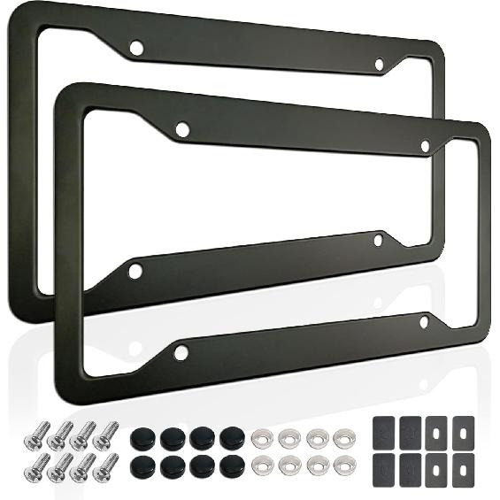 Black License Plate Frames- 2 Pack Aluminum Front & Rear Auto Car Tag Holder, Heavy Duty Bracket With Mount Hardware, Screws Caps, Rattle Proof Pads