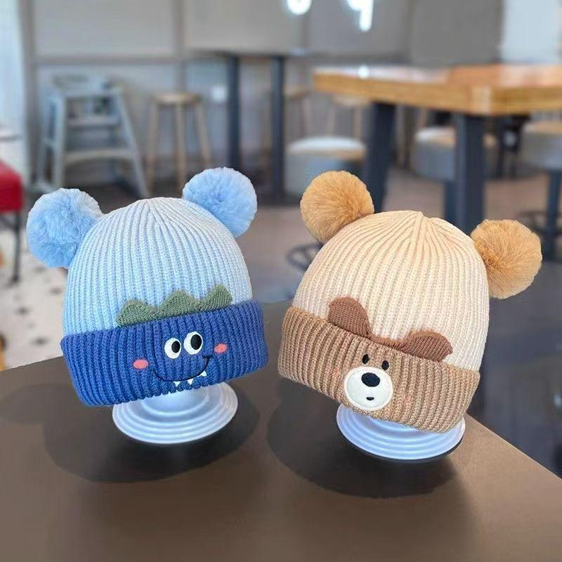 Cute Bear Knitted Baby Hat Warm Ear Protection Soft Pom Poms For Autumn Winter Daily Wear