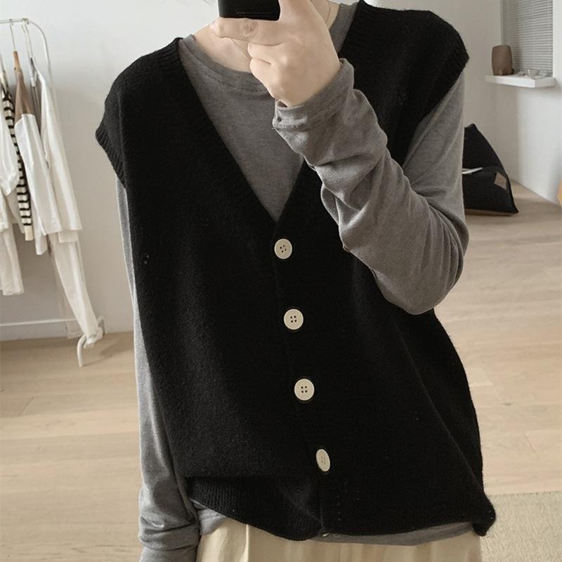 

YYFS Женская мода Повседневный Осень Зима Однотонный принт Без рукавов V-образный вырез свитера One size чёрный