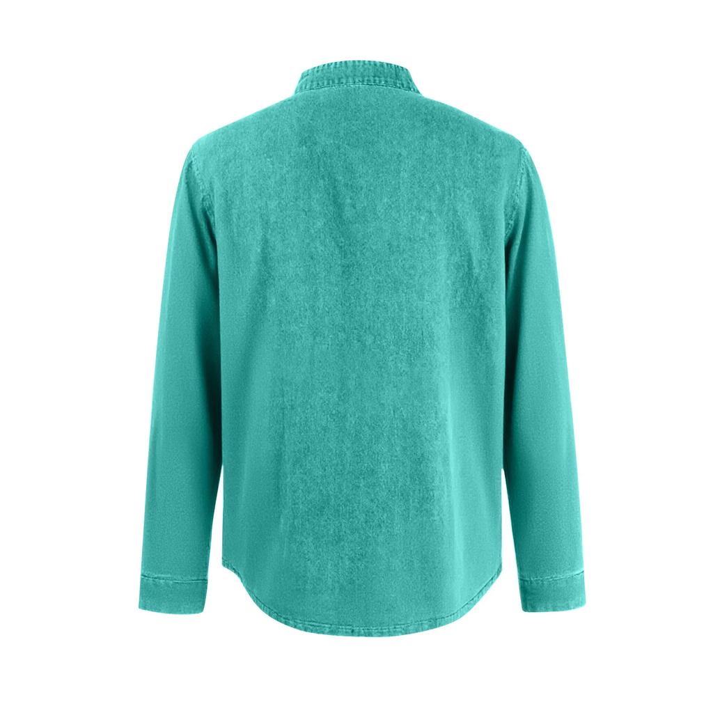 Men's Solid Color T-Shirt Washed Sports Button Pocket Lapel Collar Long Sleeve Tops