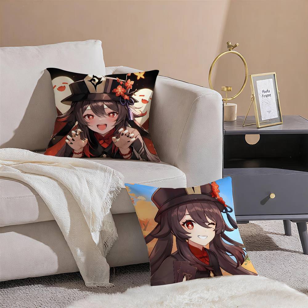 G-Genshin Impact-MT Cute Hu Tao Pillow Case Printing Pillowcase Living Room Sofa Cushion Cover Bedroom Room Decor