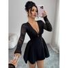 Women's Fashion Elegant Solid Color Lace Splicing V-Neck Long Sleeve Waist Long Sleeve Short Dress
