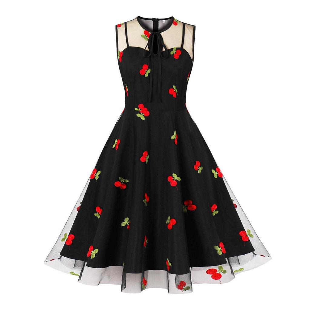 Women's Christmas Mesh Embroidered Midi Dress with Waist-Cinching and Sleeveless Design