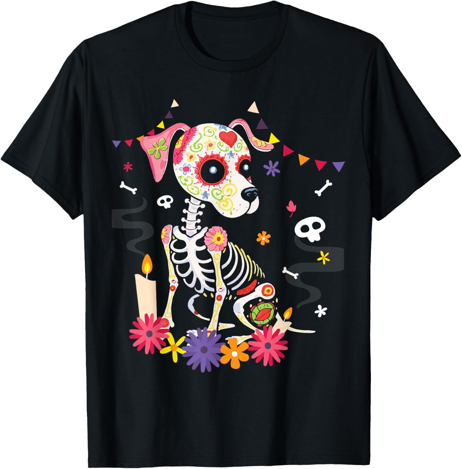 Mexican Dog Day of The Dead Skeleton Sugar Flowers Dogs T-Shirt XL