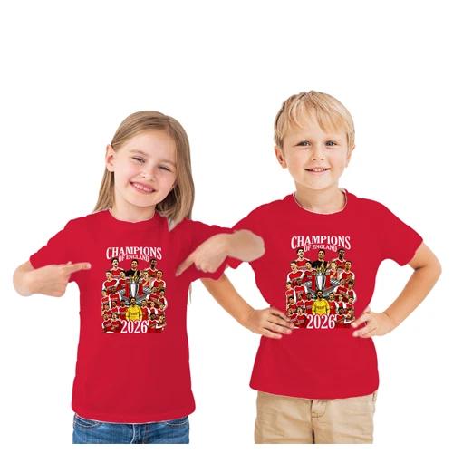 Arsenal Champions Of England 2026 Kids Red T-Shirt Tee Ages 3-13 Years L