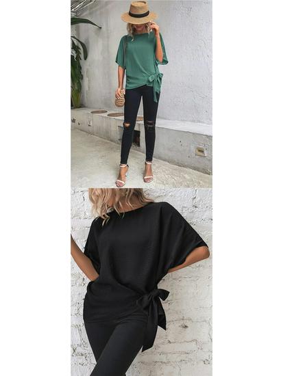 Summer Women's Solid Color Batwing Sleeve Knot Hem Loose T-shirt