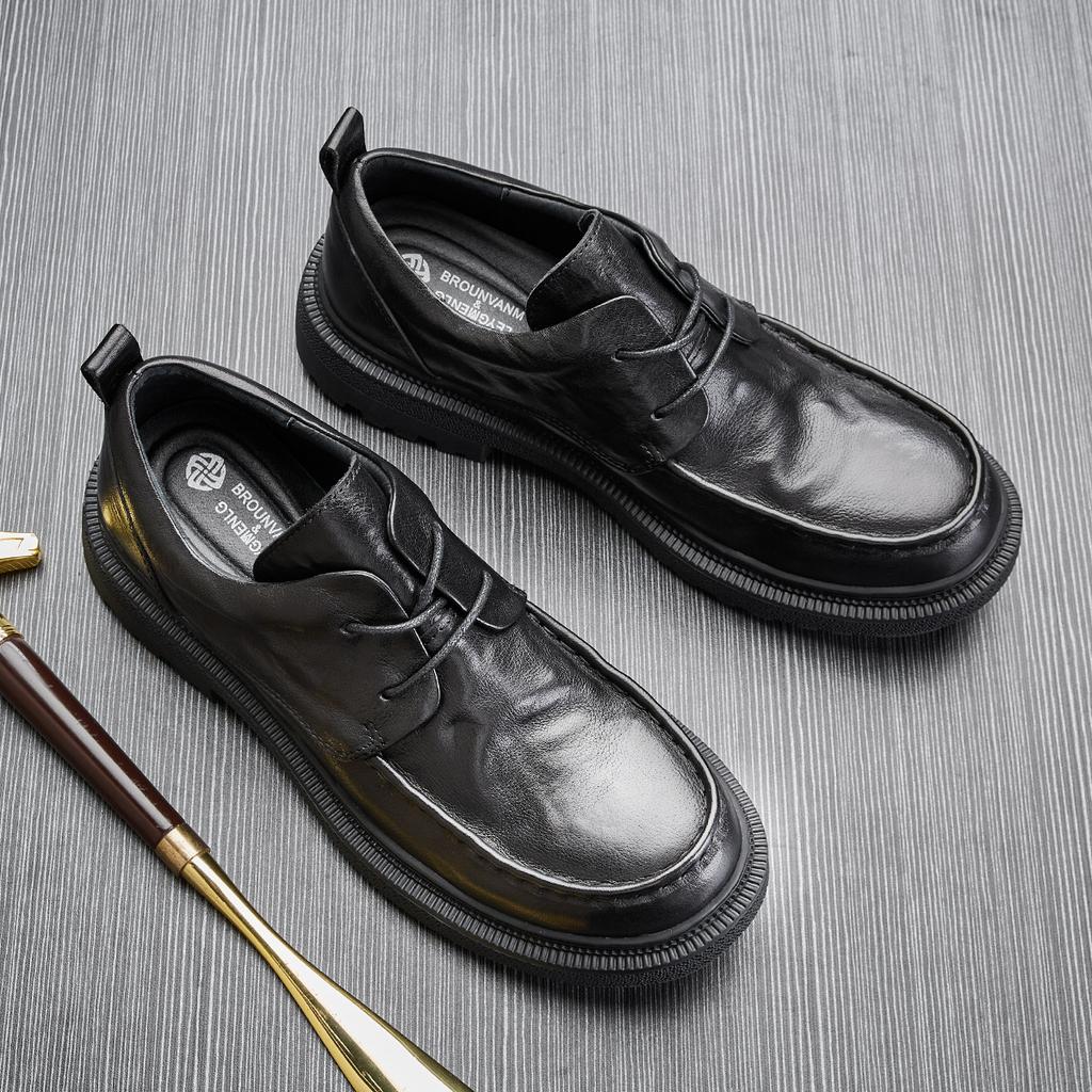 Casual Leather Shoes Men'S Lace-Up Round Head Business Shoes Genuine Leather Breathable Thick-Soled Green Cowhide Single Shoes Men