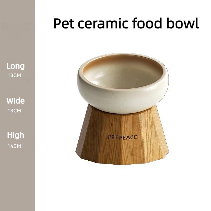 

Ceramic Cat Bowl with High-legged Neck Support Cats Drinker Solid Wood Base Cat Dish Prevent Tipping Over Cats Accessories
