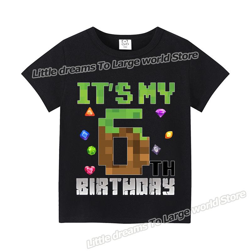 Miner Crafting Number T-shirt Pixels 1-9 Birthday Party Supplies Short Sleeve Tee Boys Girls Summer Clothing Simple Base Tshirt