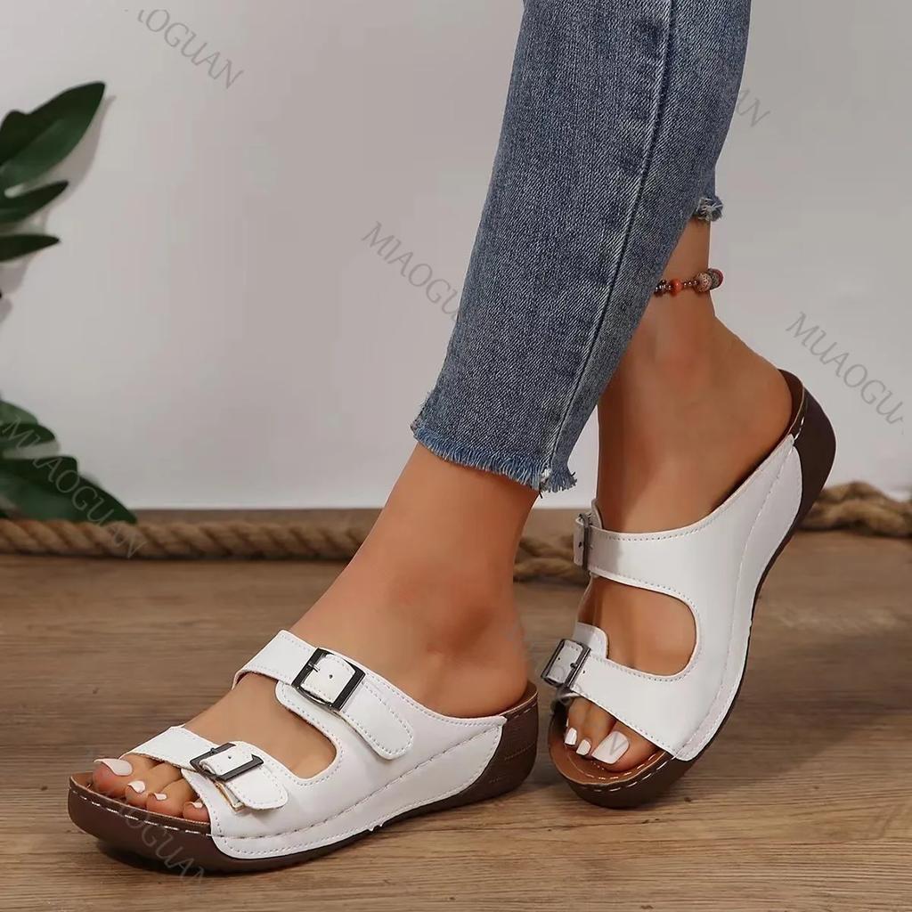 Fashion 2025 Summer Women Wedge Slippes Open Toe Sandals Slides Vintage Buckle Leather Casual Female Platform Retro Flip Flops Shoes
