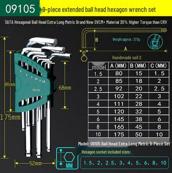 SATA 9-Piece Extra Long Metric Hex Key Set, Ball End, Stainless Steel, Flat Head