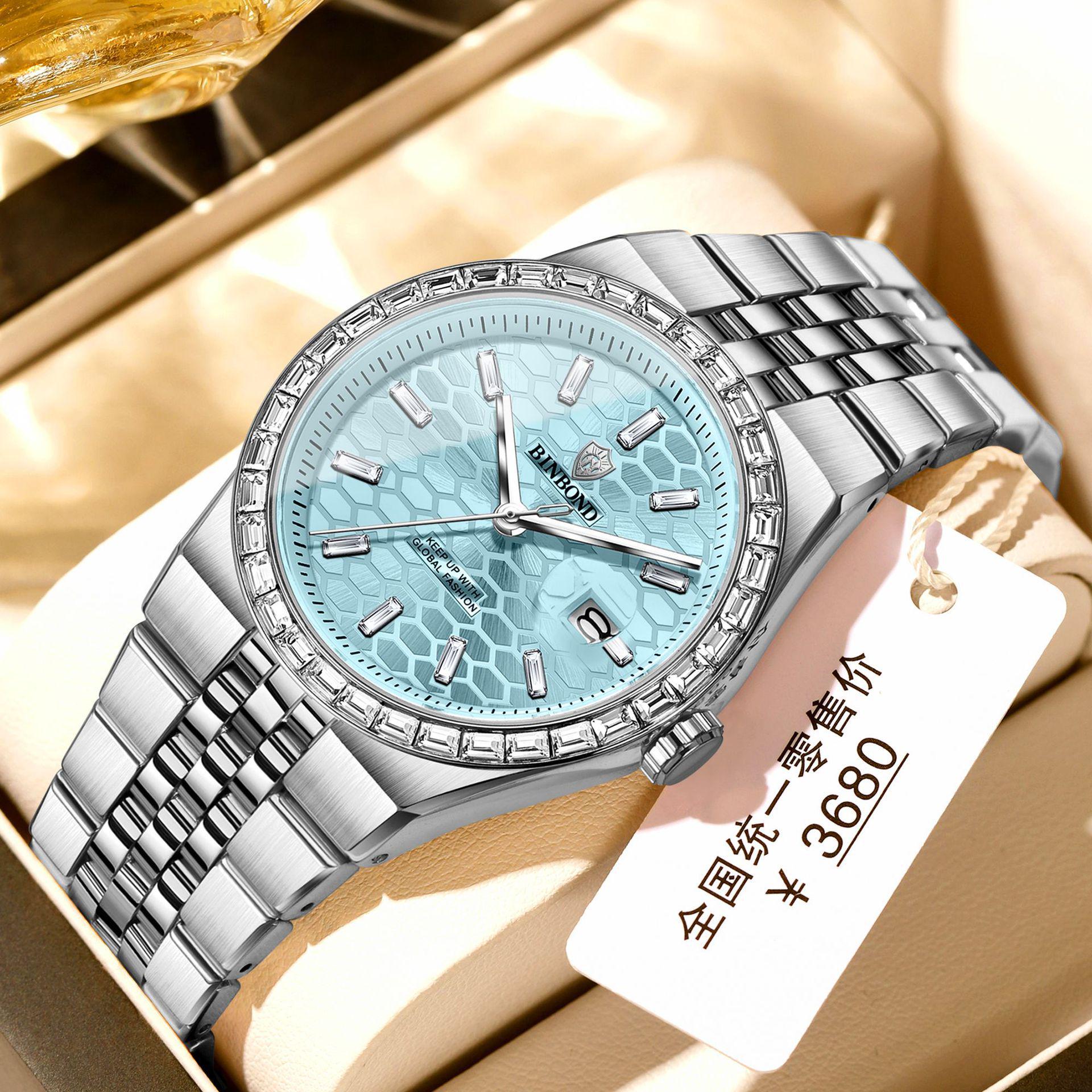 BINBOND Men s Luminous Waterproof Quartz Watch with Diamond Inlay, Stainless Steel Strap, and Multifunctional Calendar