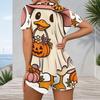 Women Plus Size V Neck Short Sleeve Halloween Printed Button Front Fitted Short Romper