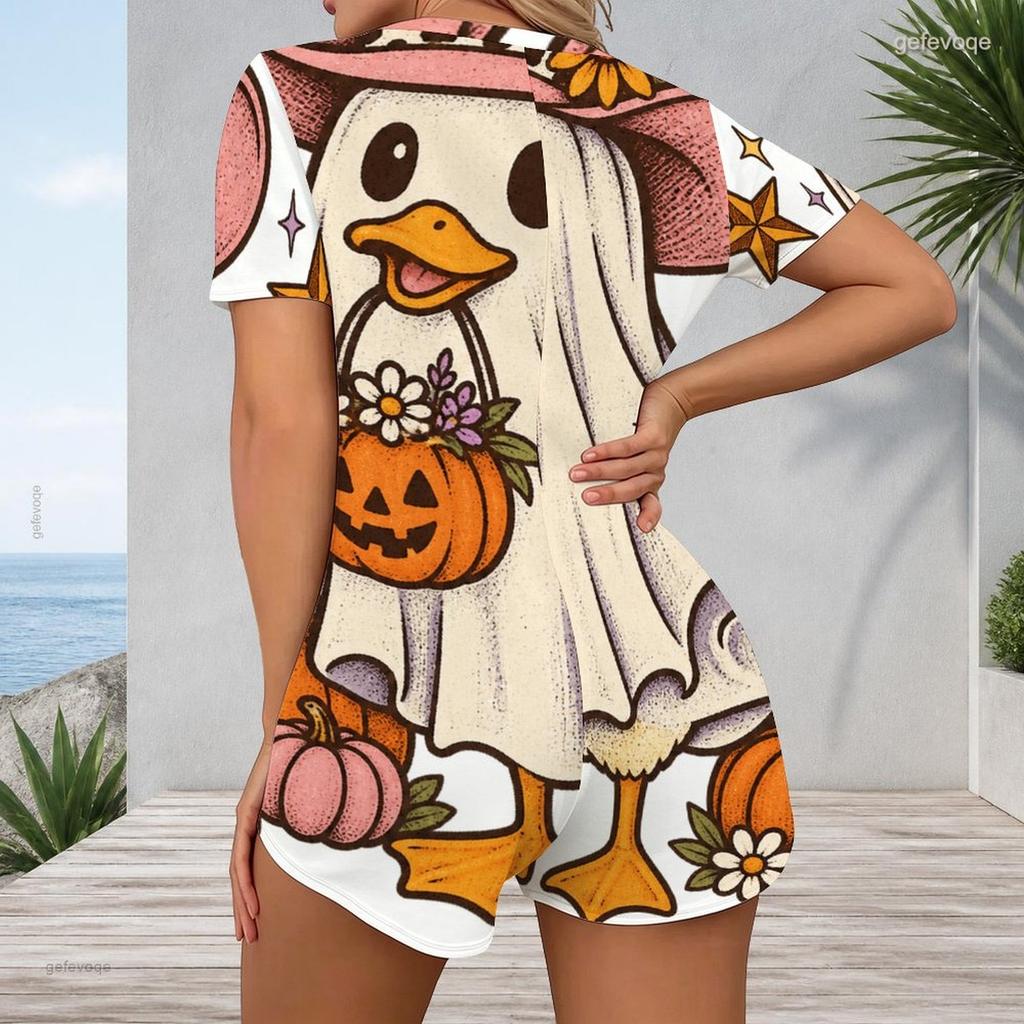 Women Plus Size V Neck Short Sleeve Halloween Printed Button Front Fitted Short Romper